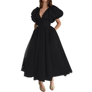 Women Puffy Sleeve Short Prom Dresses Dotted Tulle V-Neck Tea Length